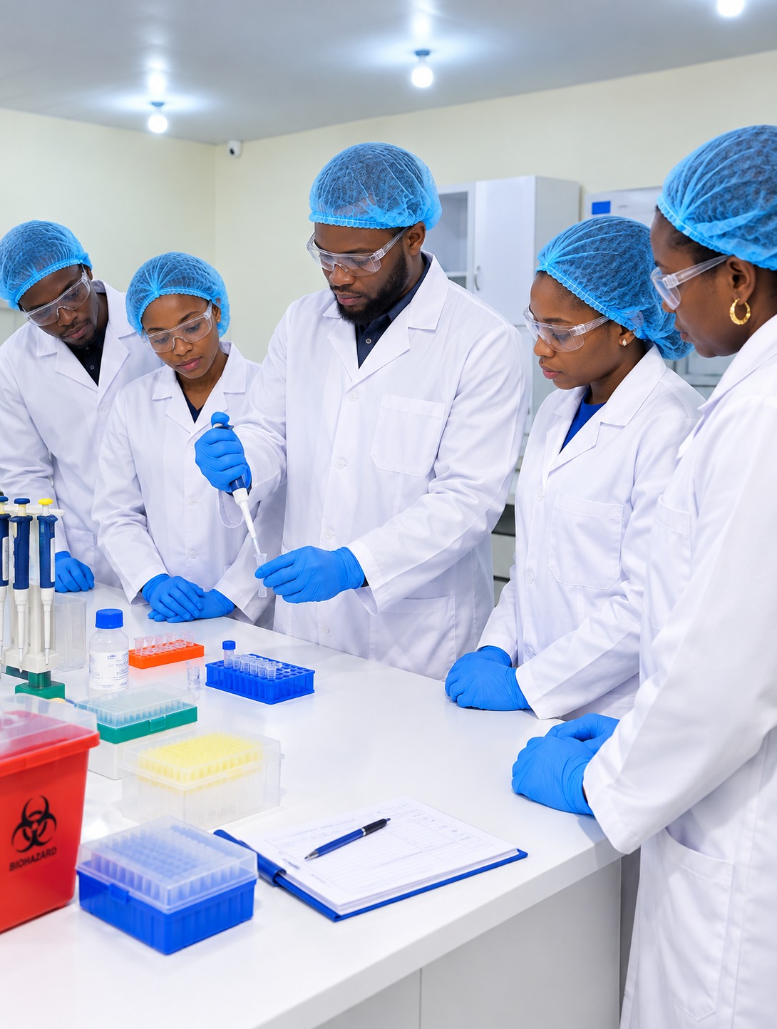 A facilitator guiding trainees through a laboratory exercise